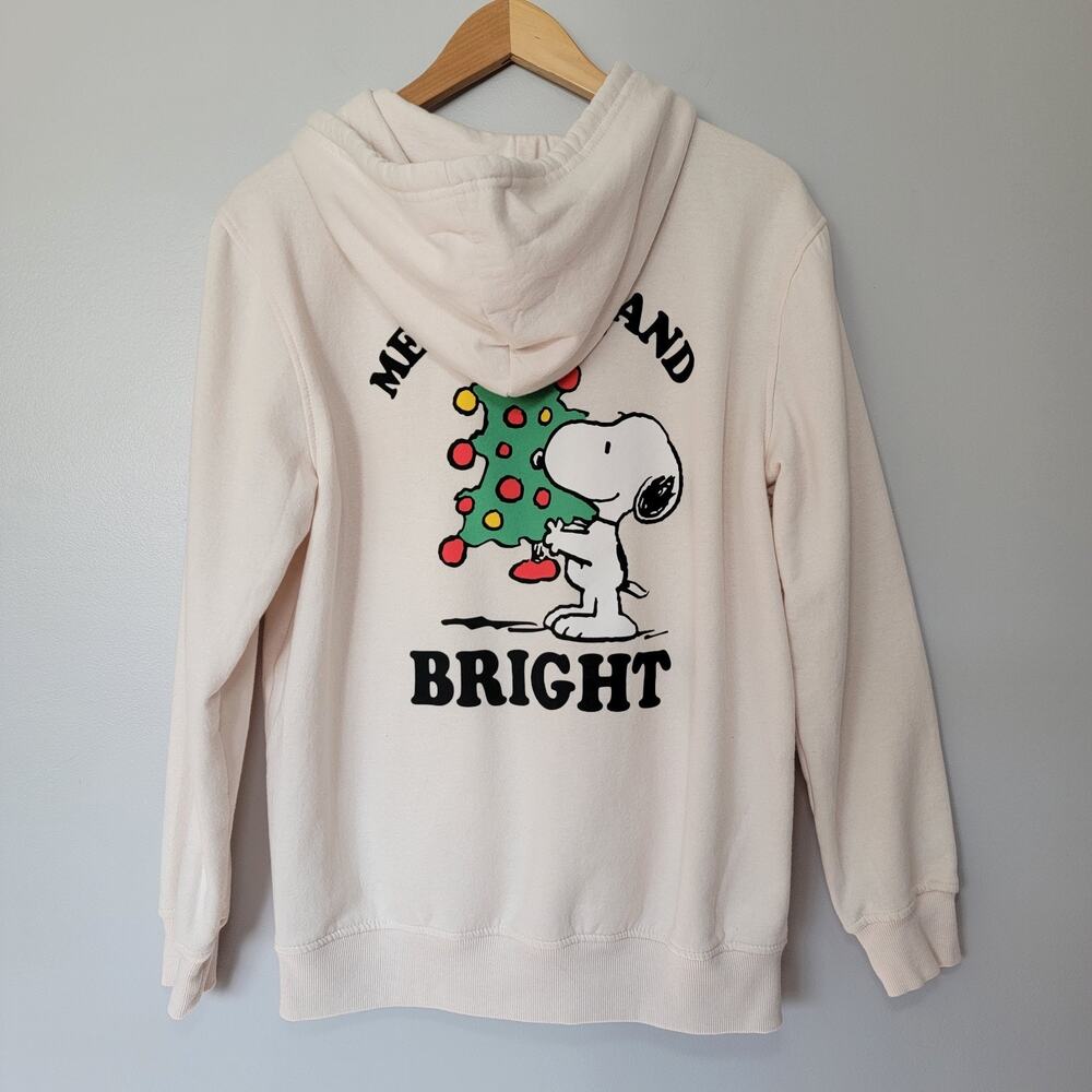 Peanuts Snoopy Woodstock Christmas Holiday Zip Hoodie Merry & Bright Cream Sz M